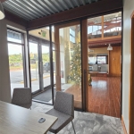 Glass office walls with wood veneer full-lite sliding door #1750