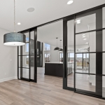 Modern Black Aluminum framed double sliding glass doors residential kitchen installation #1695